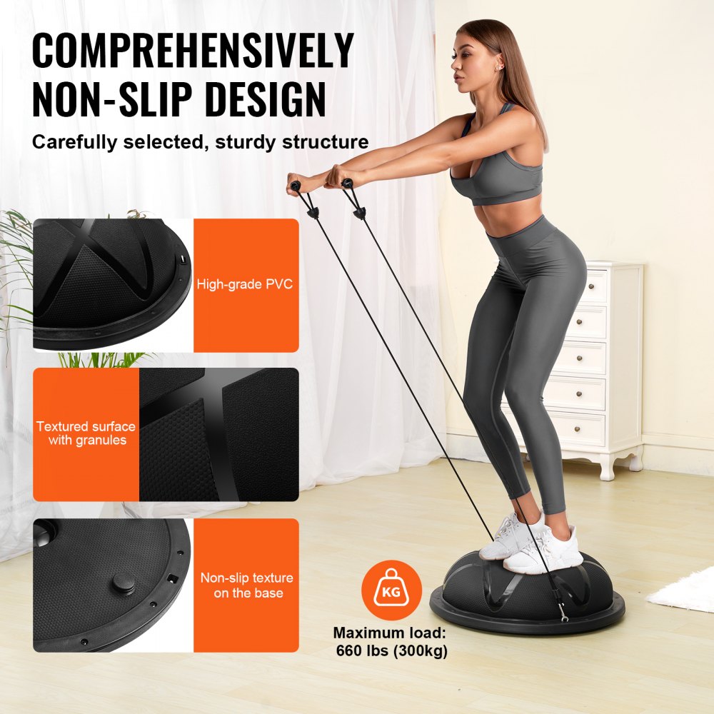 VEVOR Entrenador de Pelota de Ejercicio Medio, Entrenador de Pelota de Equilibrio de 580 x 200 mm de Capacidad de 300 kg con Bandas de Resistencia y Bomba, para Gimnasio en Casa de Cuerpo, Negro