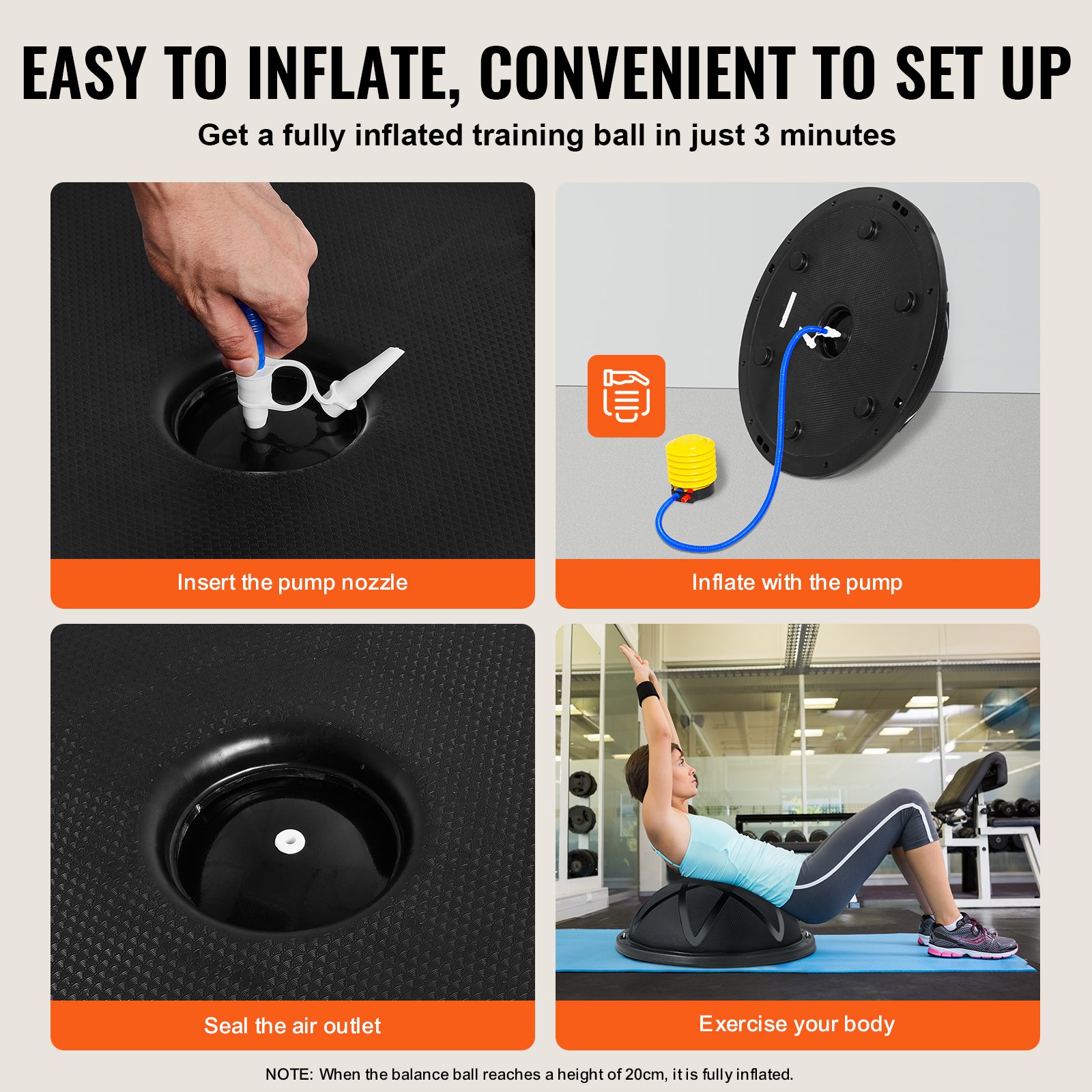 Configuración del entrenador de equilibrio VEVOR: inserte la boquilla, infle, selle la salida y haga ejercicio para entrenar la estabilidad.