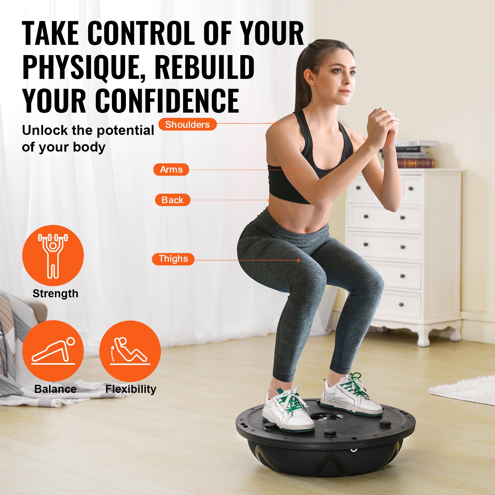 VEVOR Entrenador de Pelota de Ejercicio Medio, Entrenador de Pelota de Equilibrio de 580 x 200 mm de Capacidad de 300 kg con Bandas de Resistencia y Bomba, para Gimnasio en Casa de Cuerpo, Negro