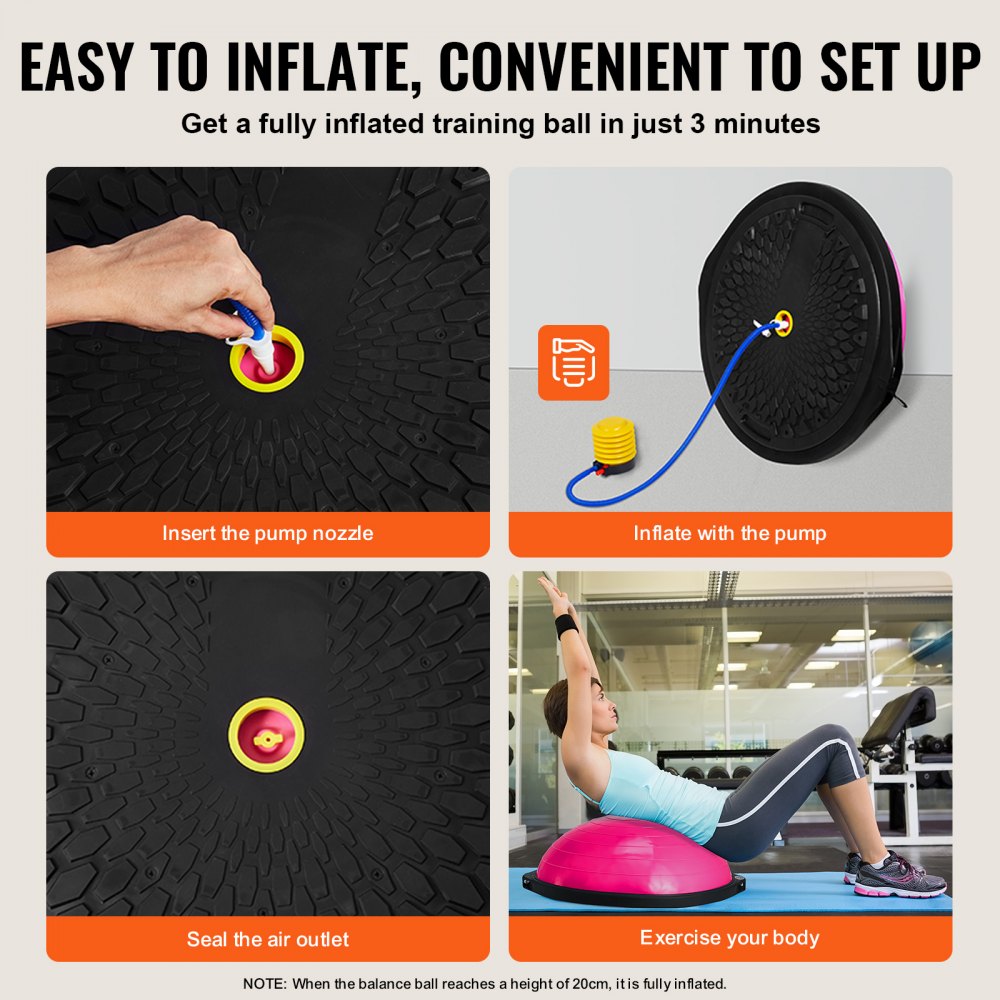 VEVOR Entrenador de Pelota de Medio Ejercicio, Entrenador de Pelota de Equilibrio de 660 x 200 mm de Capacidad de 680 kg con Bandas de Resistencia y Bomba de Pie, para Gimnasio en Casa, Color Rosa
