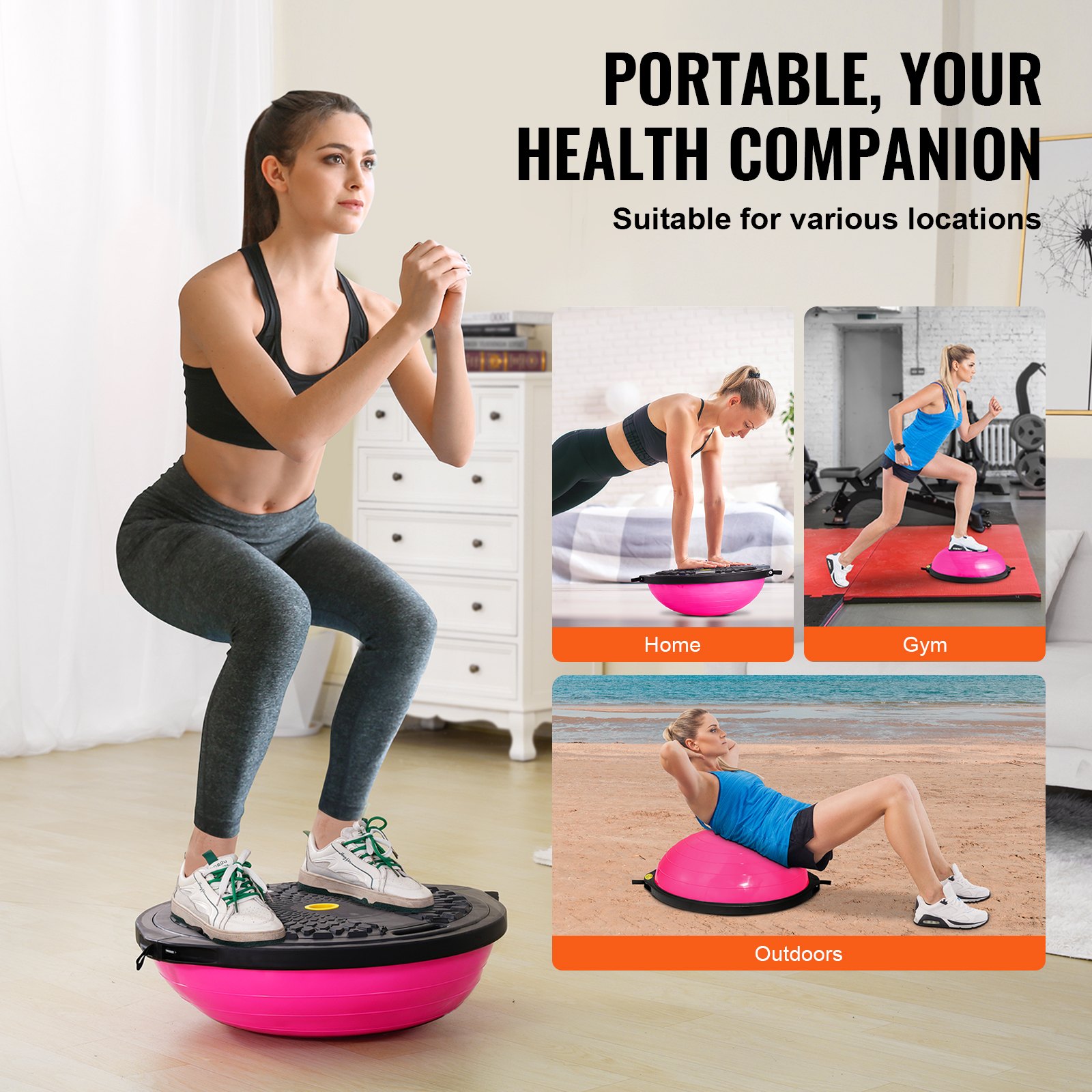 VEVOR Entrenador de Pelota de Medio Ejercicio, Entrenador de Pelota de Equilibrio de 660 x 200 mm de Capacidad de 680 kg con Bandas de Resistencia y Bomba de Pie, para Gimnasio en Casa, Color Rosa