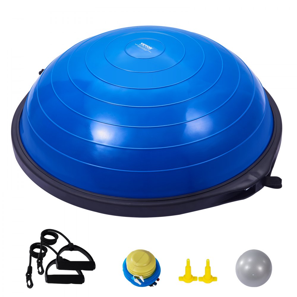 Entrenador de pelota de equilibrio VEVOR azul con accesorios: bandas de resistencia, bomba, adaptadores y pelota gris.