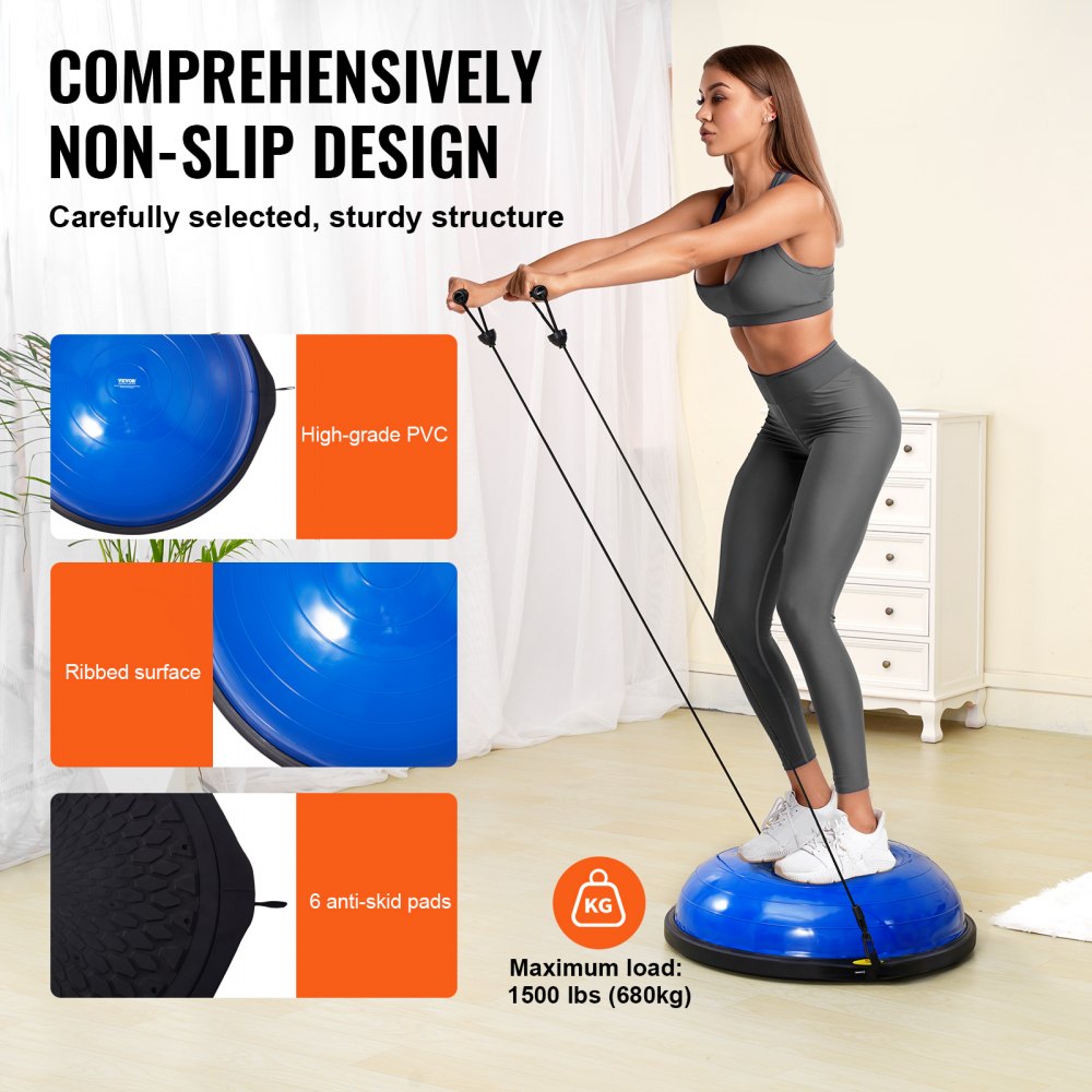 VEVOR Entrenador de Pelota de Medio Ejercicio, Entrenador de Pelota de Equilibrio de 660 x 200 mm de Capacidad de 680 kg con Bandas de Resistencia y Bomba de Pie, para Gimnasio en Casa de Cuerpo, Azul