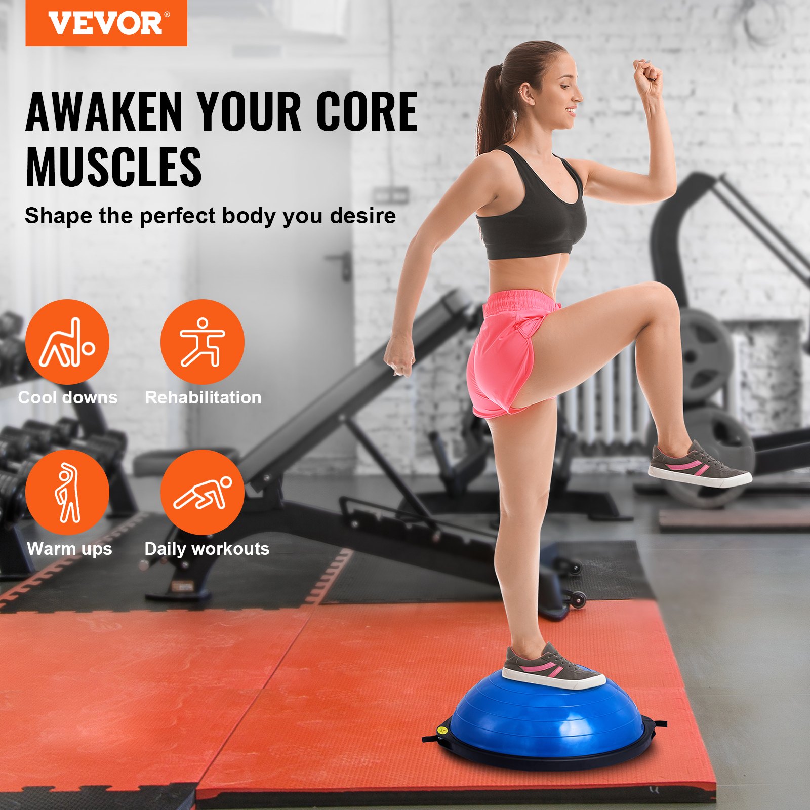 VEVOR Entrenador de Pelota de Medio Ejercicio, Entrenador de Pelota de Equilibrio de 660 x 200 mm de Capacidad de 680 kg con Bandas de Resistencia y Bomba de Pie, para Gimnasio en Casa de Cuerpo, Azul