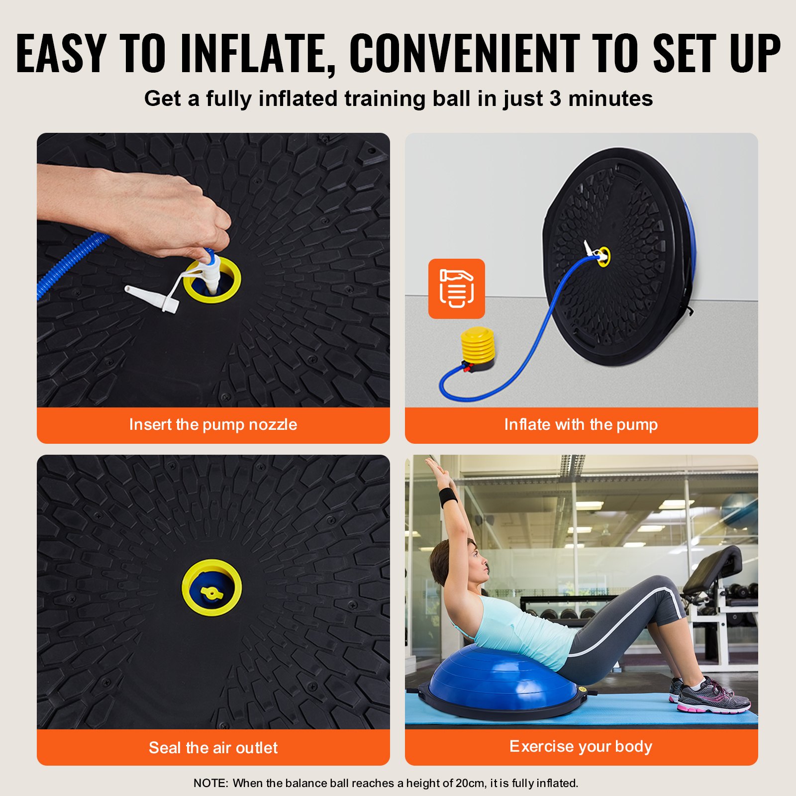 VEVOR Entrenador de Pelota de Medio Ejercicio, Entrenador de Pelota de Equilibrio de 660 x 200 mm de Capacidad de 680 kg con Bandas de Resistencia y Bomba de Pie, para Gimnasio en Casa de Cuerpo, Azul