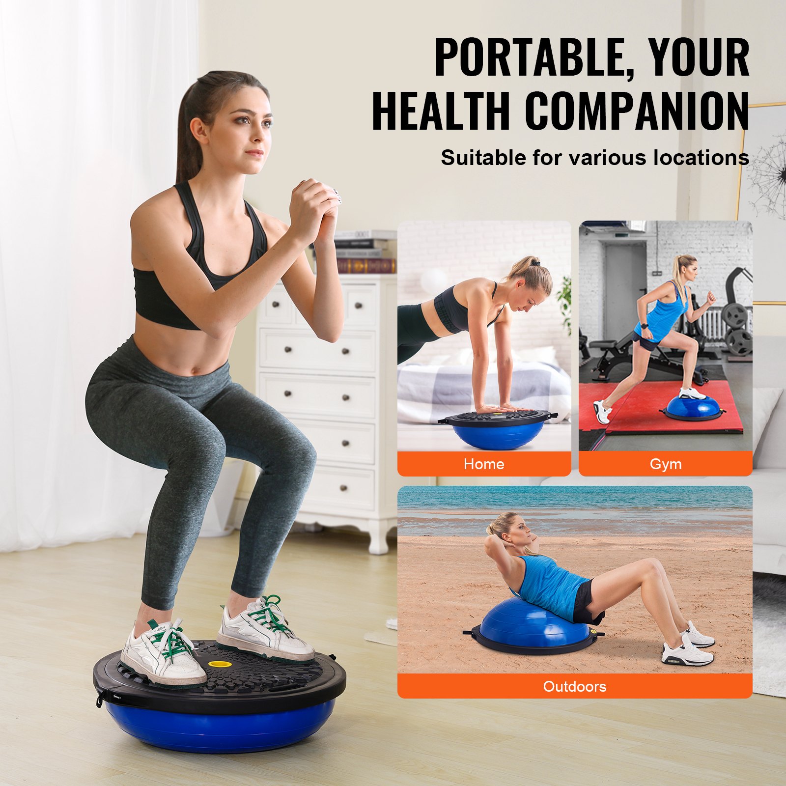 VEVOR Entrenador de Pelota de Medio Ejercicio, Entrenador de Pelota de Equilibrio de 660 x 200 mm de Capacidad de 680 kg con Bandas de Resistencia y Bomba de Pie, para Gimnasio en Casa de Cuerpo, Azul