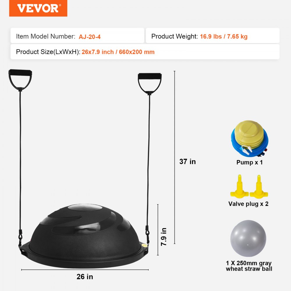VEVOR Entrenador de Pelota de Medio Ejercicio, Entrenador de Pelota de Equilibrio de 660 x 200 mm de Capacidad de 680 kg con Bandas de Resistencia y Bomba de Pie, para Gimnasio en Casa, Negro
