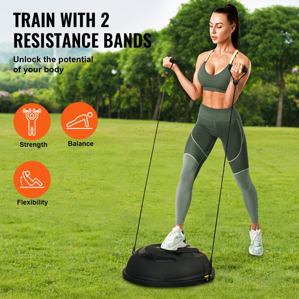 VEVOR Entrenador de Pelota de Medio Ejercicio, Entrenador de Pelota de Equilibrio de 660 x 200 mm de Capacidad de 680 kg con Bandas de Resistencia y Bomba de Pie, para Gimnasio en Casa, Negro