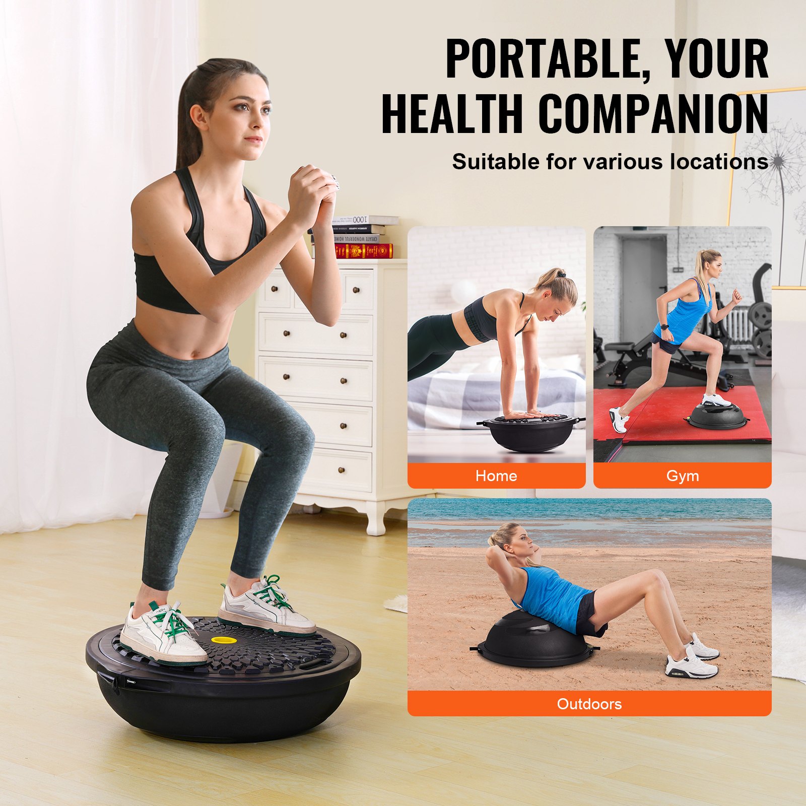 VEVOR Entrenador de Pelota de Medio Ejercicio, Entrenador de Pelota de Equilibrio de 660 x 200 mm de Capacidad de 680 kg con Bandas de Resistencia y Bomba de Pie, para Gimnasio en Casa, Negro