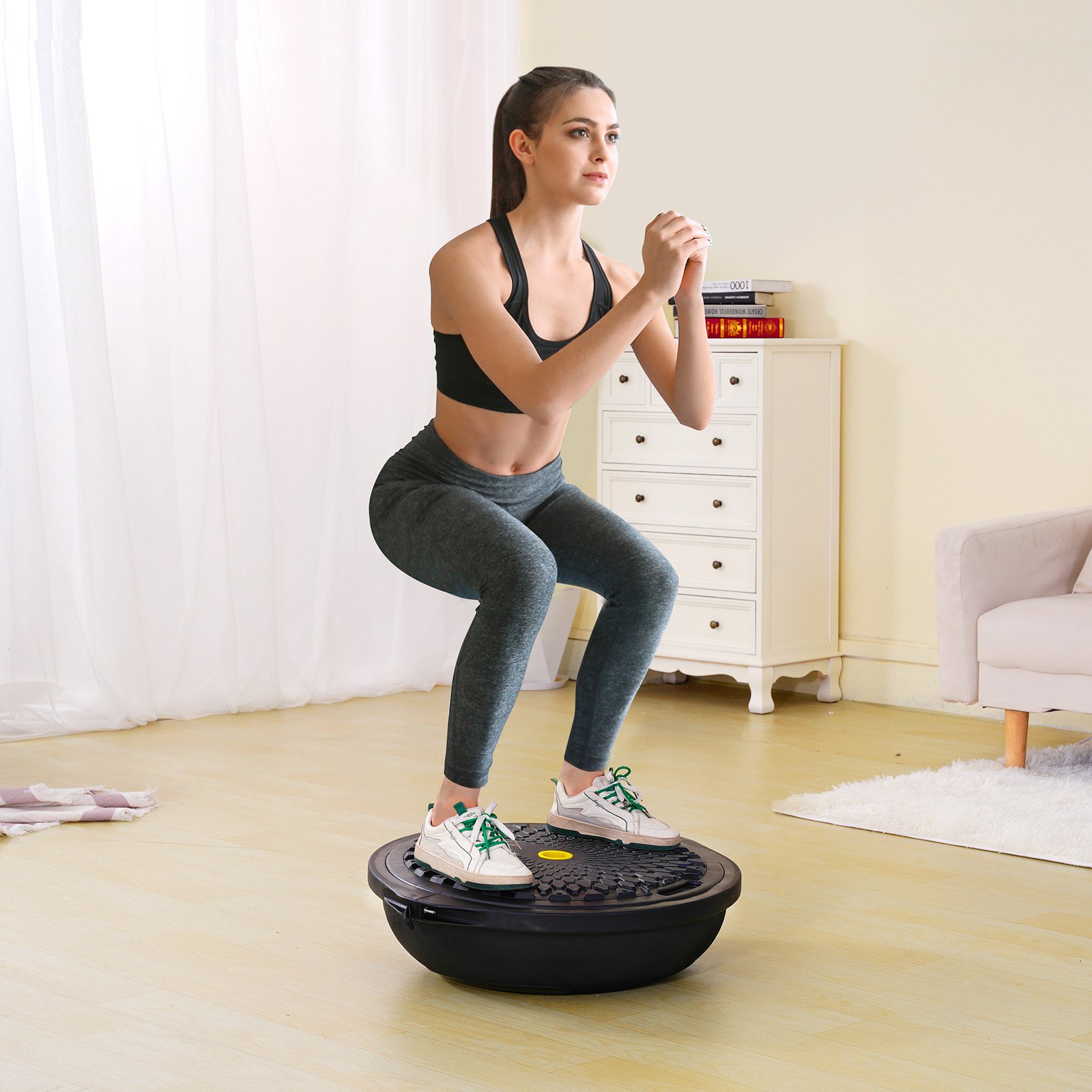 VEVOR Entrenador de Pelota de Medio Ejercicio, Entrenador de Pelota de Equilibrio de 660 x 200 mm de Capacidad de 680 kg con Bandas de Resistencia y Bomba de Pie, para Gimnasio en Casa, Negro