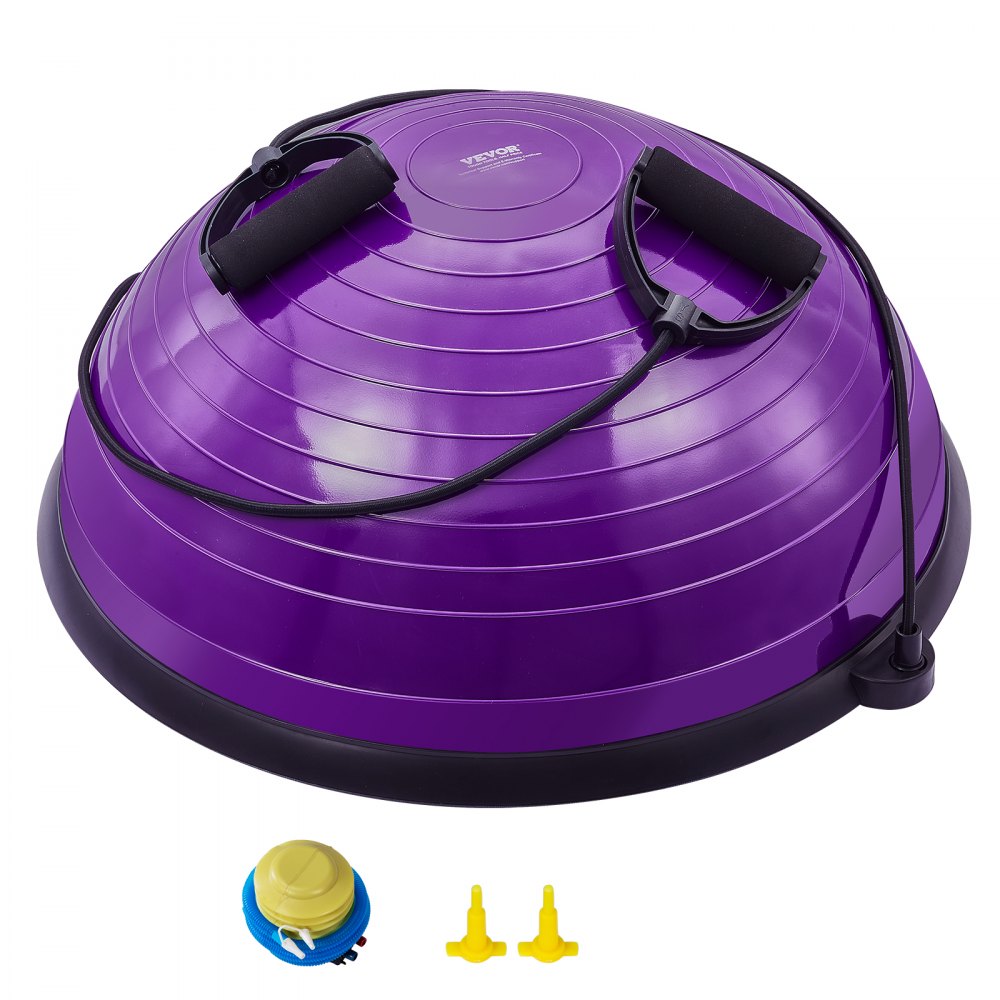 Pelota de ejercicio VEVOR de color morado con bandas de resistencia, bomba de aire y dos válvulas de inflado amarillas.