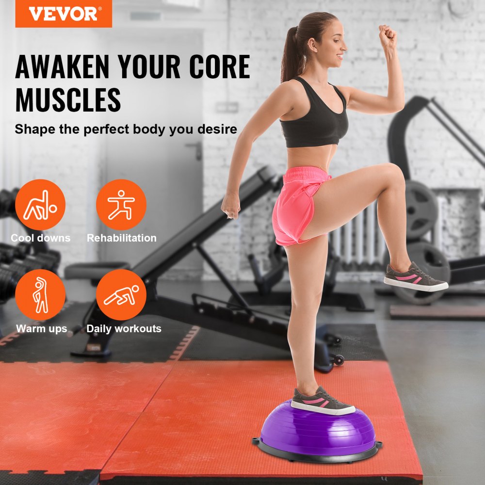 VEVOR Entrenador de Pelota de Medio Ejercicio, Entrenador de Pelota de Equilibrio de 620 x 215 mm de 300 kg con Bandas de Resistencia y Bomba de Pie, para Gimnasio en Casa de Cuerpo Completo, Morado