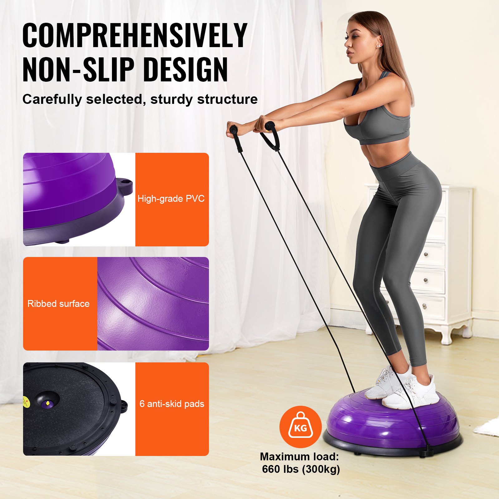 VEVOR Entrenador de Pelota de Medio Ejercicio, Entrenador de Pelota de Equilibrio de 620 x 215 mm de 300 kg con Bandas de Resistencia y Bomba de Pie, para Gimnasio en Casa de Cuerpo Completo, Morado