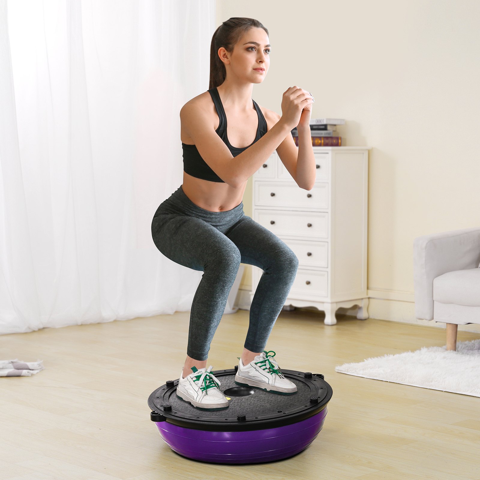 VEVOR Entrenador de Pelota de Medio Ejercicio, Entrenador de Pelota de Equilibrio de 620 x 215 mm de 300 kg con Bandas de Resistencia y Bomba de Pie, para Gimnasio en Casa de Cuerpo Completo, Morado