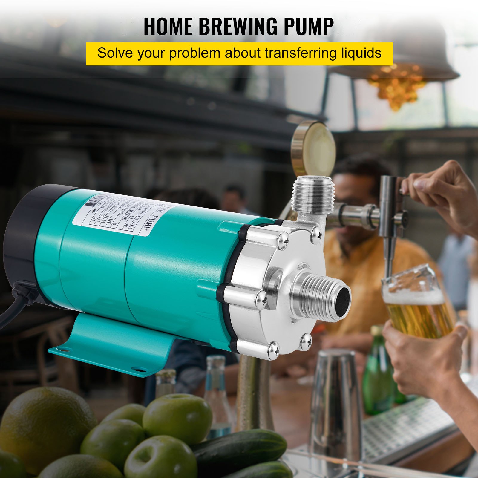 VEVOR MP-15RP Bomba de Cerveza con Bomba de Pozo de Grado Alimenticio 10 W, Cabeza de Acero Inoxidable, Bomba de Cerveza de Elaboración Magnética con Bomba de Cerveza de Alta Temperatura 120 ℃