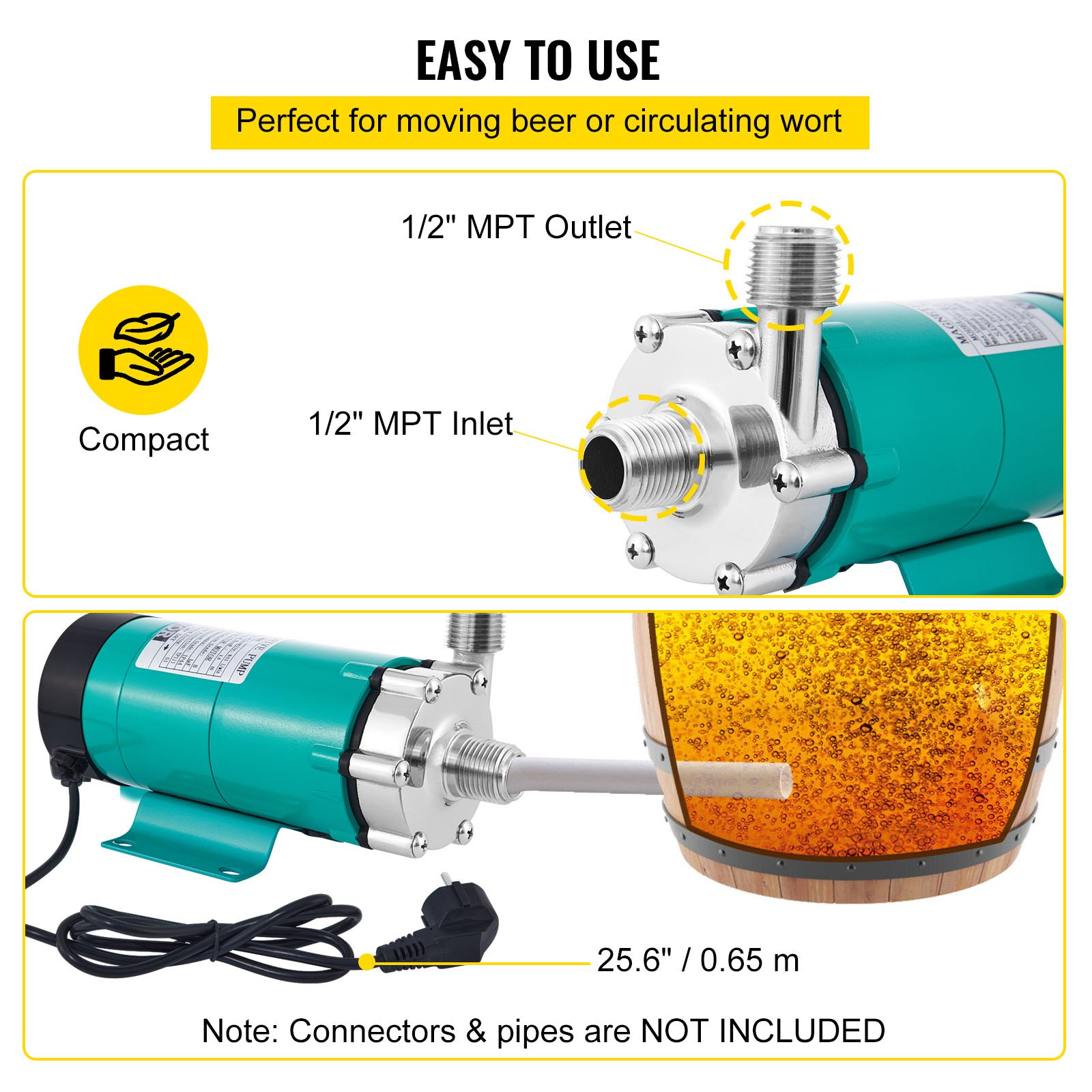 VEVOR MP-15RP Bomba de Cerveza con Bomba de Pozo de Grado Alimenticio 10 W, Cabeza de Acero Inoxidable, Bomba de Cerveza de Elaboración Magnética con Bomba de Cerveza de Alta Temperatura 120 ℃
