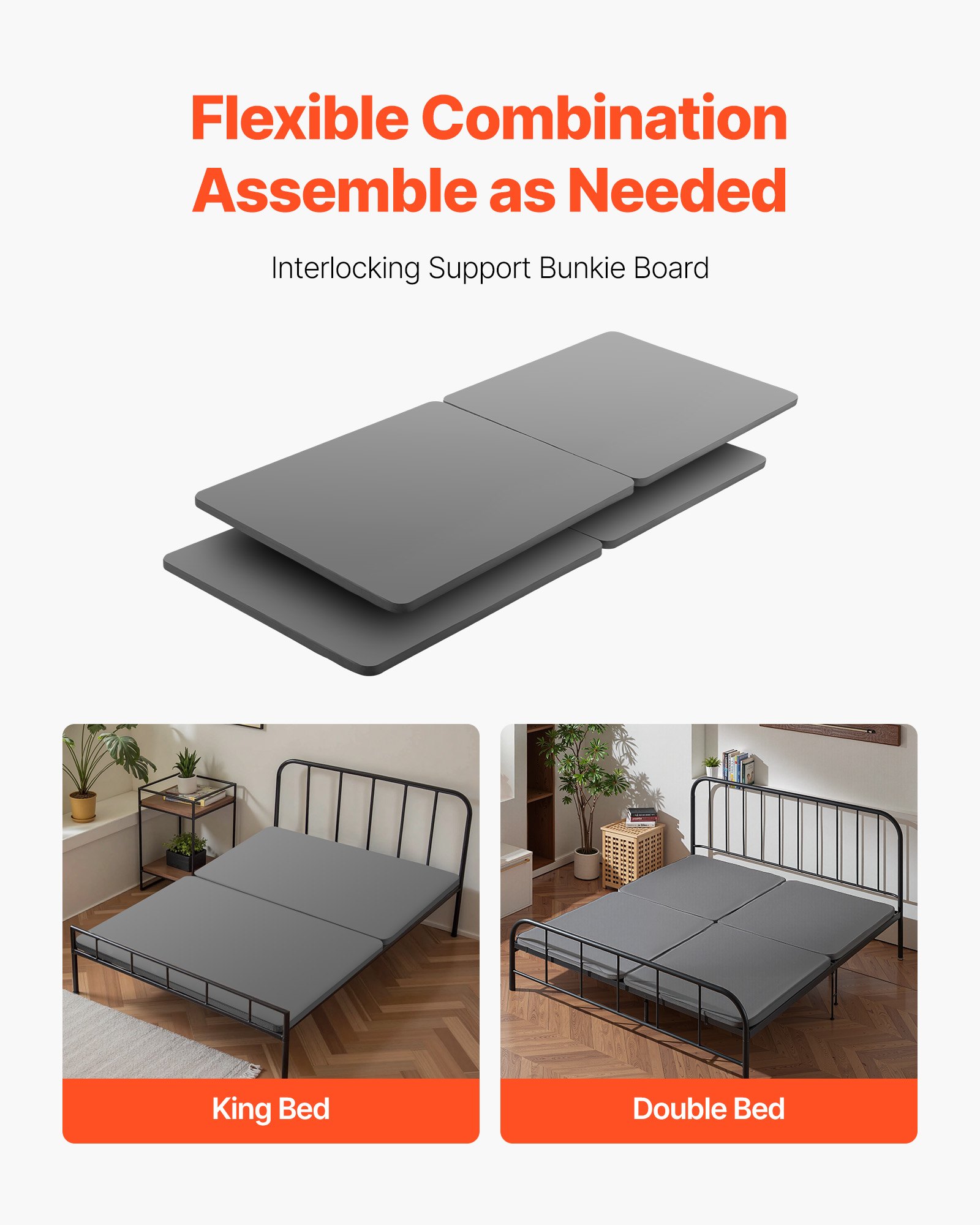 VEVOR Tableros de Cama para Debajo del Colchón, Tamaño King (188 x 200 cm), Tablero de Bunkie, Paquete de 4 Piezas, Marco de Madera con Tejido Oxford 200D, Transpirable, Soporte para Colchón, Gris