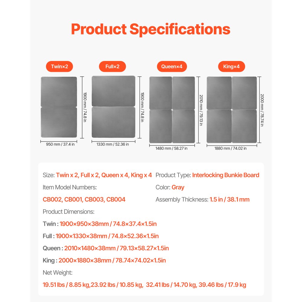 VEVOR Queen Size Bunkie Board, 38 mm Bed Board Slats with 200D Oxford Cloth, Wooden Mattress Support for Queen Size Bed, Easy Assembly Support under Mattress, 4 Piece, Gray