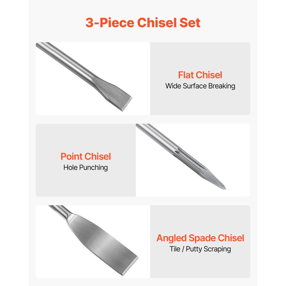 VEVOR Juego de Cinceles SDS Plus, 3 Piezas, Accesorios para Herramientas Eléctricas, Cinceles Puntiagudo y Planos para Martillo de Impacto, para Quitar Azulejos Baldosas, para Concreto Mampostería