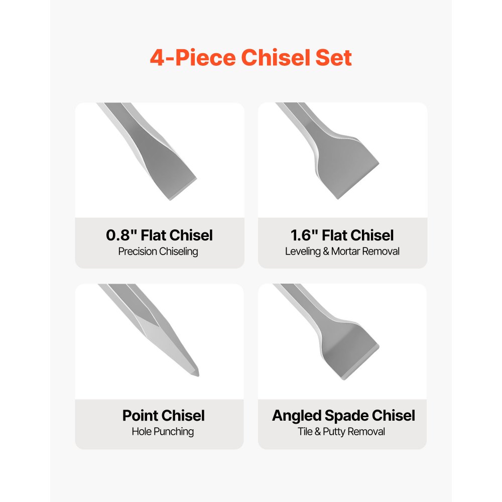VEVOR Juego de Cinceles SDS Plus, 4 Piezas, Accesorios para Martillo Perforador SDS Plus, Cinceles Planos y de Punta para Herramientas Eléctricas, para Azulejos Baldosas Ladrillo Hormigón Mampostería