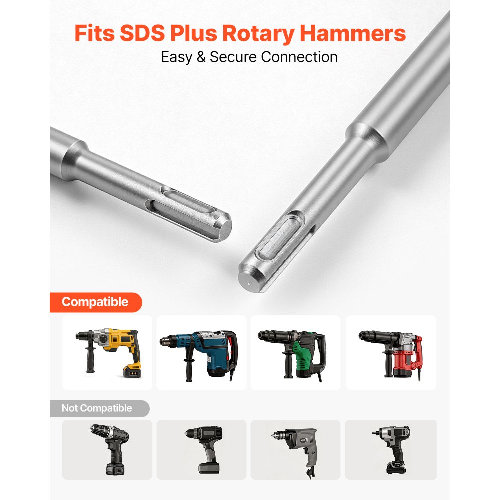 VEVOR Juego de 6 Cinceles SDS Plus, Accesorios para Herramientas Eléctricas, Cinceles de Punta Planos y Acanalado para Martillo Perforador, Quita Azulejos Baldosas, para Hormigón Mampostería Ladrillo