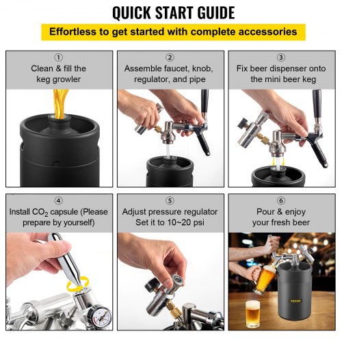 VEVOR Sistema de Mini Barril de Cerveza a Presión 5L Negro Grifo de Cerveza de Acero Inoxidable 185x320mm Sistema de Dispensador de Cerveza de Regulador de Presión CO2 para Hogar Bar Fiesta Camping