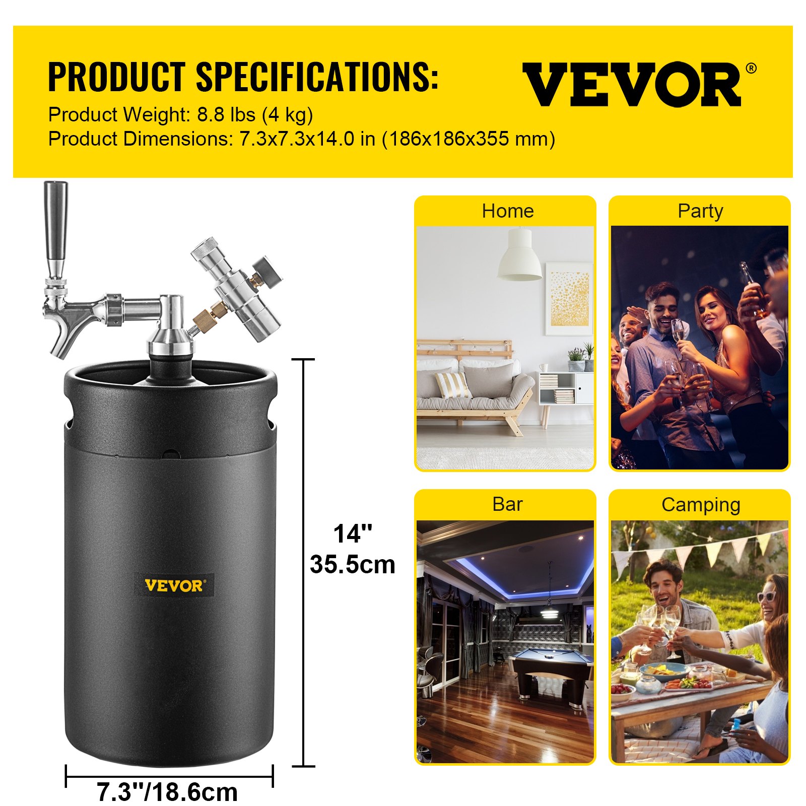 VEVOR Sistema de Mini Barril de Cerveza a Presión 8L Negro Grifo de Cerveza de Acero Inoxidable 186x355mm Sistema de Dispensador de Cerveza de Regulador de Presión CO2 para Hogar Bar Fiesta Camping