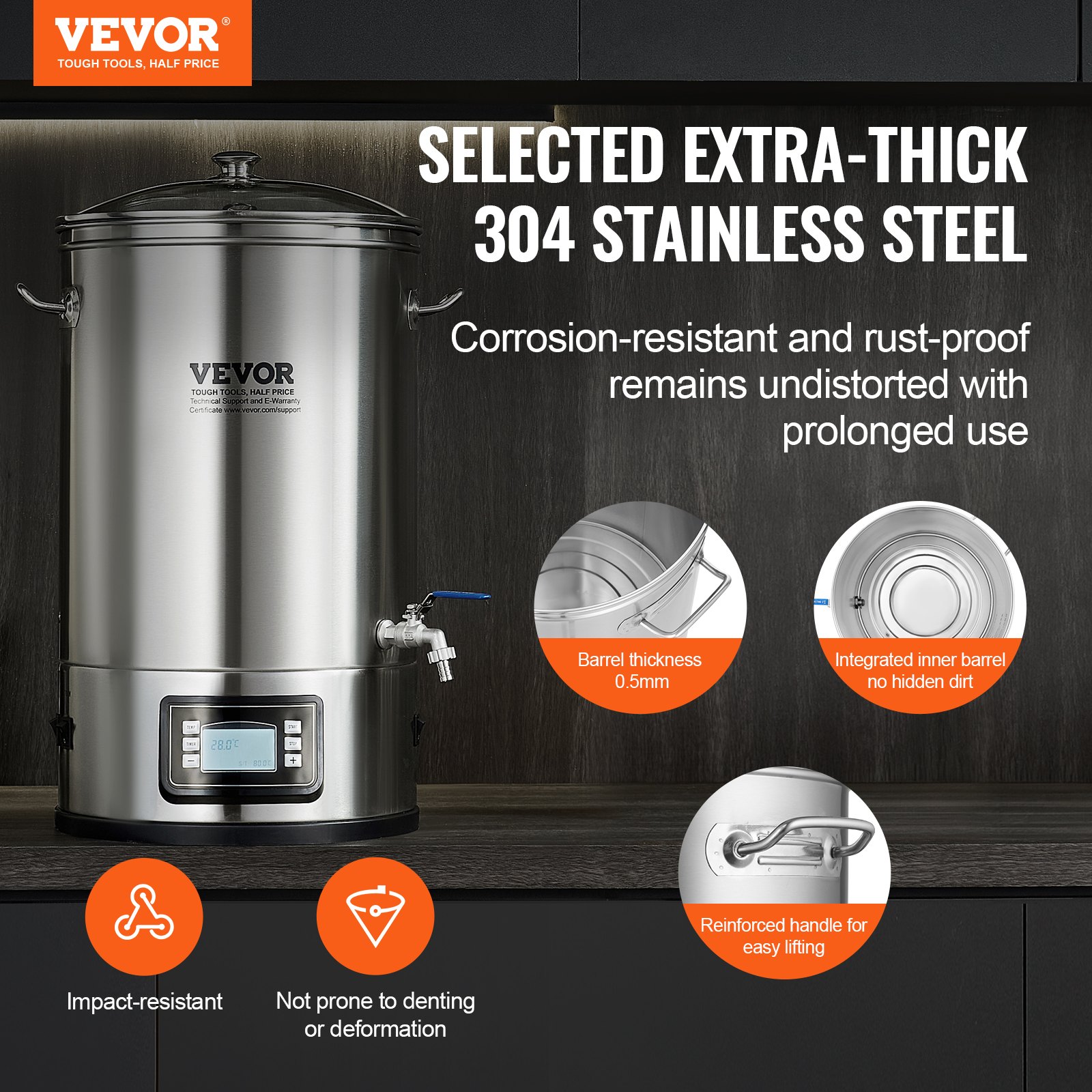 VEVOR Stainless Steel Beer Brewing System Kettle 35 L, Brewing Kettle, Home Brewing Equipment for Beer, Beer Brewing Kit including Glass Lid, Handle, Tap, Electronic Control Panel, Commercial Use