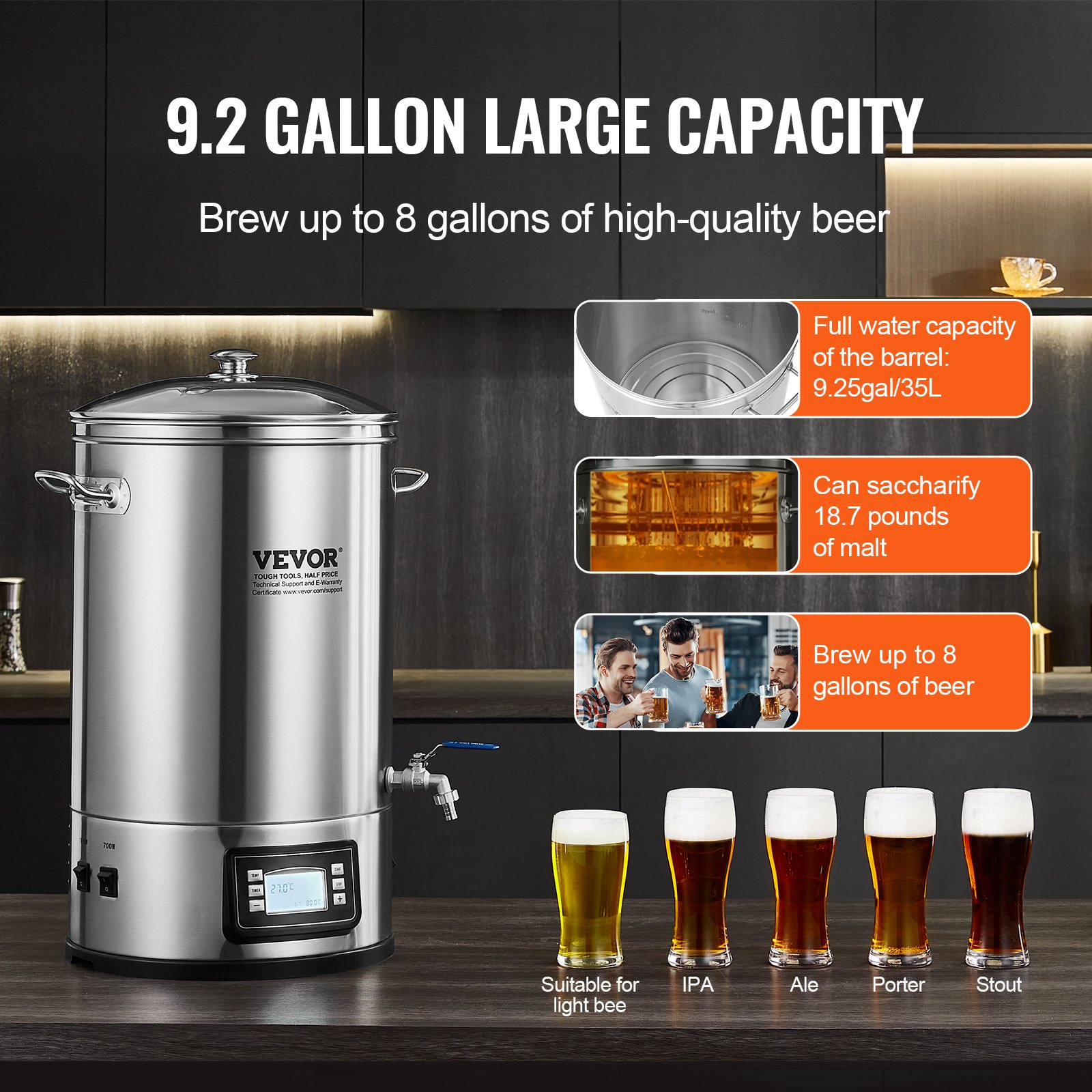 VEVOR Stainless Steel Beer Brewing System Kettle 35 L, Brewing Kettle, Home Brewing Equipment for Beer, Beer Brewing Kit including Glass Lid, Handle, Tap, Electronic Control Panel, Commercial Use