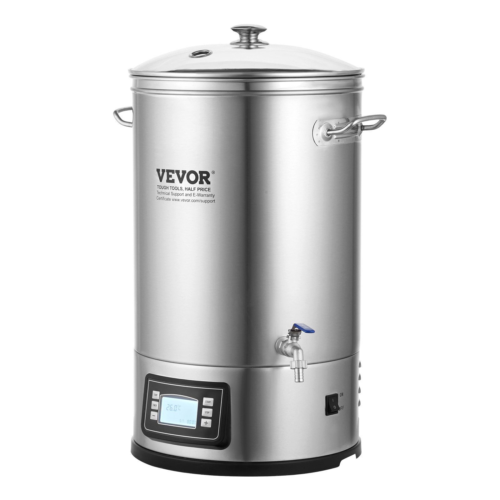 VEVOR Stainless Steel Beer Brewing System Kettle 35 L, Brewing Kettle, Home Brewing Equipment for Beer, Beer Brewing Kit including Glass Lid, Handle, Tap, Electronic Control Panel, Commercial Use