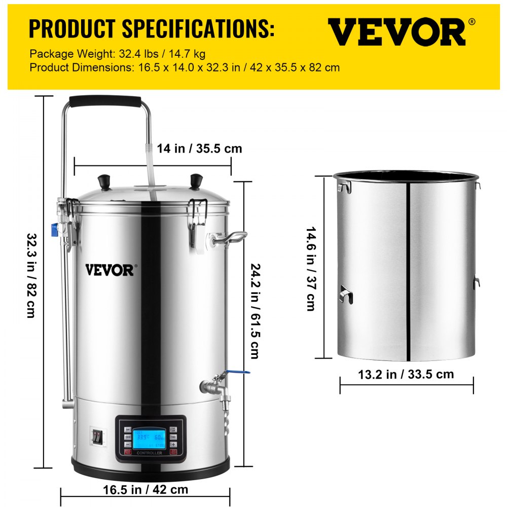 VEVOR Electric Brewing System, 35L Brewing Pot, All-in-One Beer Brewer with Pump, Cooking Device with Panel, Auto/Manual Mode, 100-1800W Power, 25-100°C Temperature, 1-180 Min Timer, Recipe Memory