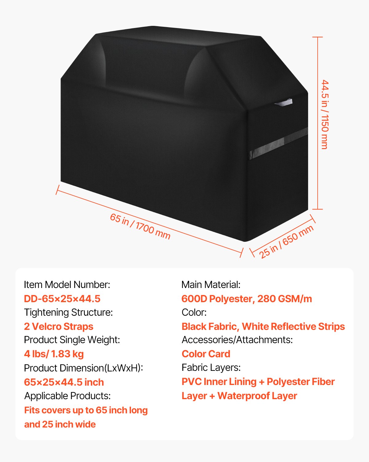 VEVOR Grill Cover (1651 mm) Cover for outdoor grills, waterproof & weatherproof, durable 600D polyester, easy to put on and take off, with Velcro straps
