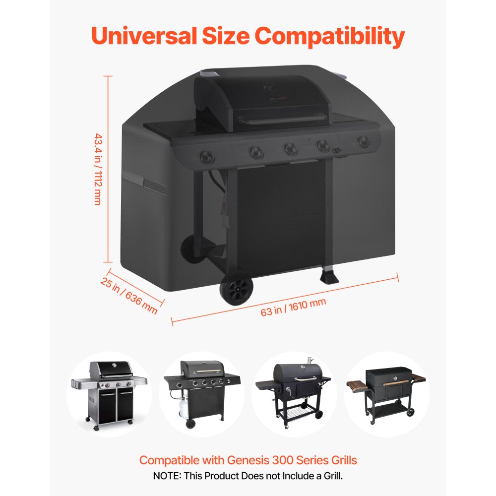 VEVOR Grill Cover, Protective Cover for Outdoor Grills (160 cm), Waterproof & Weatherproof, Durable 600D Polyester, Easy to Put On and Take Off, with Velcro Straps