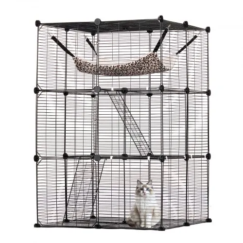 VEVOR Jaula Grande para Gatos de 3 Niveles 711 x 711 x 1041 mm, Recinto Duradero con Alambre de Metal Desmontable con Hamaca Grande y 2 Escaleras con Rampa para Gatos y Otros Animales Pequeños, Negro