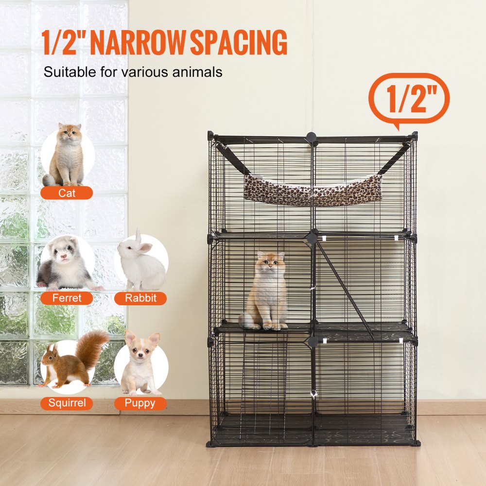 VEVOR Jaula Grande para Gatos de 3 Niveles 711 x 711 x 1041 mm, Recinto Duradero con Alambre de Metal Desmontable con Hamaca Grande y 2 Escaleras con Rampa para Gatos y Otros Animales Pequeños, Negro