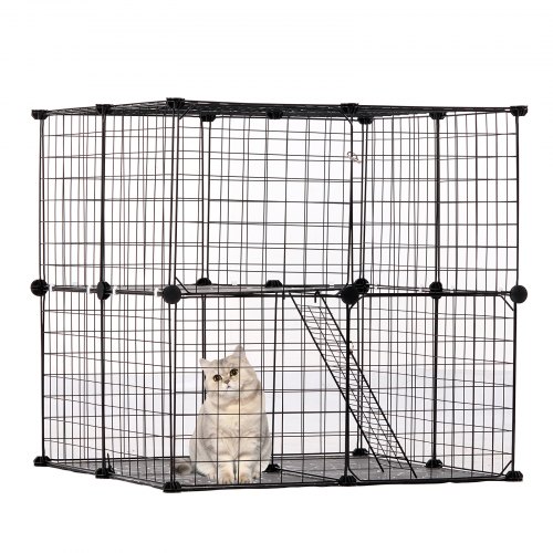 VEVOR Jaula Grande para Gatos de 2 Niveles 711 x 711 x 711 mm, Corral de Alambre de Metal Desmontable con Plataforma de Descanso Ajustable, Rampa y Escalera para Gatos y Animales Pequeños, Negro