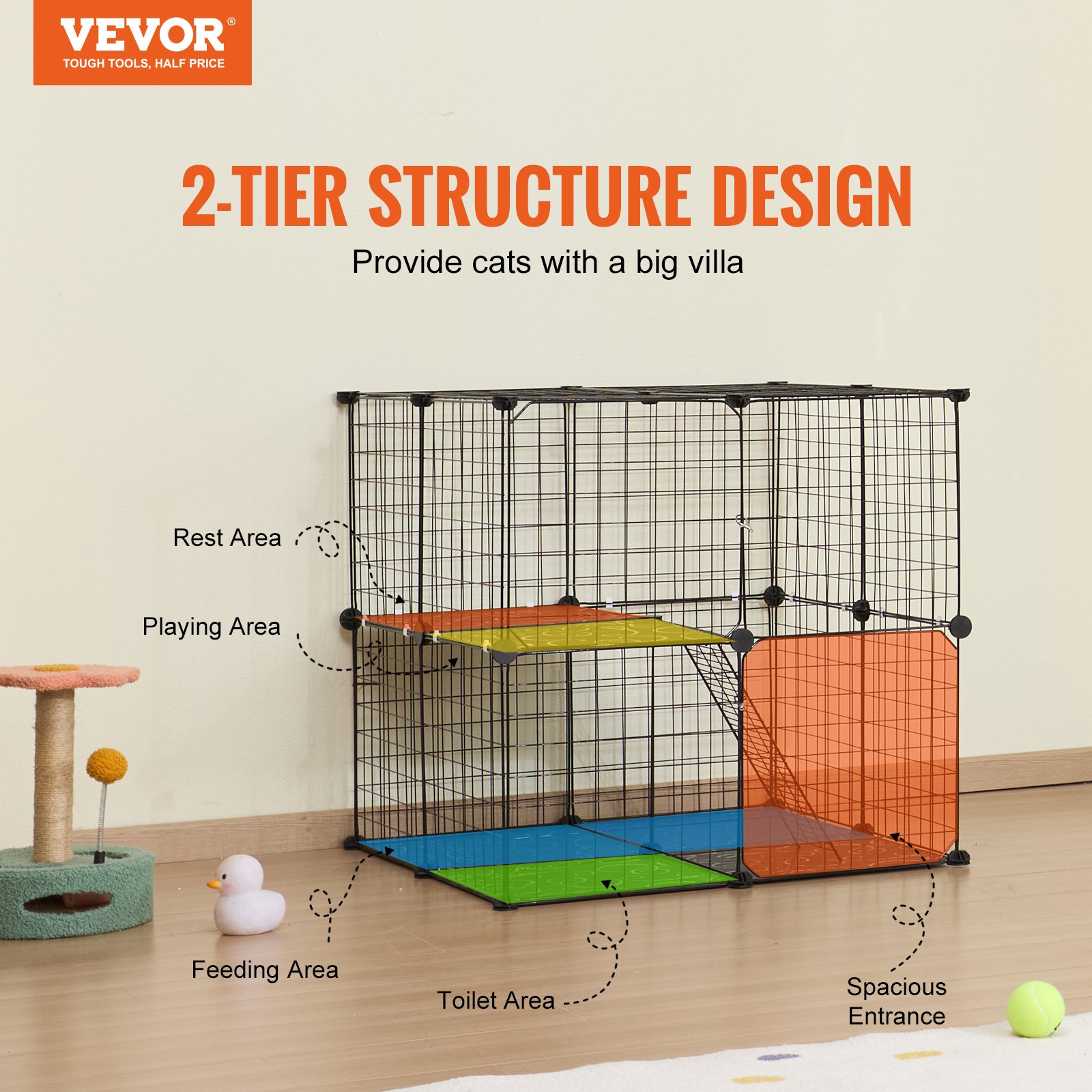 VEVOR Jaula Grande para Gatos de 2 Niveles 711 x 711 x 711 mm, Corral de Alambre de Metal Desmontable con Plataforma de Descanso Ajustable, Rampa y Escalera para Gatos y Animales Pequeños, Negro