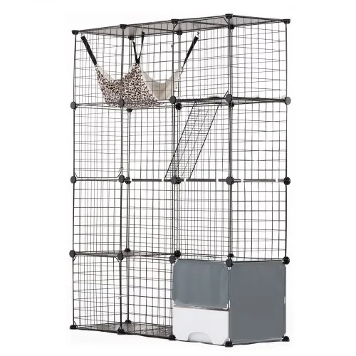 VEVOR Jaula Grande para Gatos de 4 Niveles 1041 x 360 x 1397 mm, Recinto de Alambre de Metal Desmontable con Caja de Arena, Hamaca, Rampa y Escaleras para Gatos y Otros Animales Pequeños, Negro