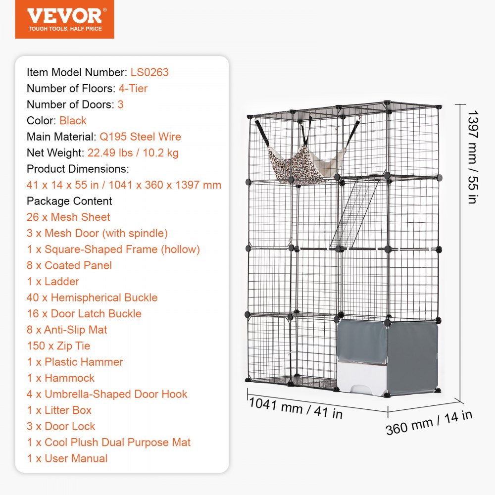 VEVOR Jaula Grande para Gatos de 4 Niveles 1041 x 360 x 1397 mm, Recinto de Alambre de Metal Desmontable con Caja de Arena, Hamaca, Rampa y Escaleras para Gatos y Otros Animales Pequeños, Negro