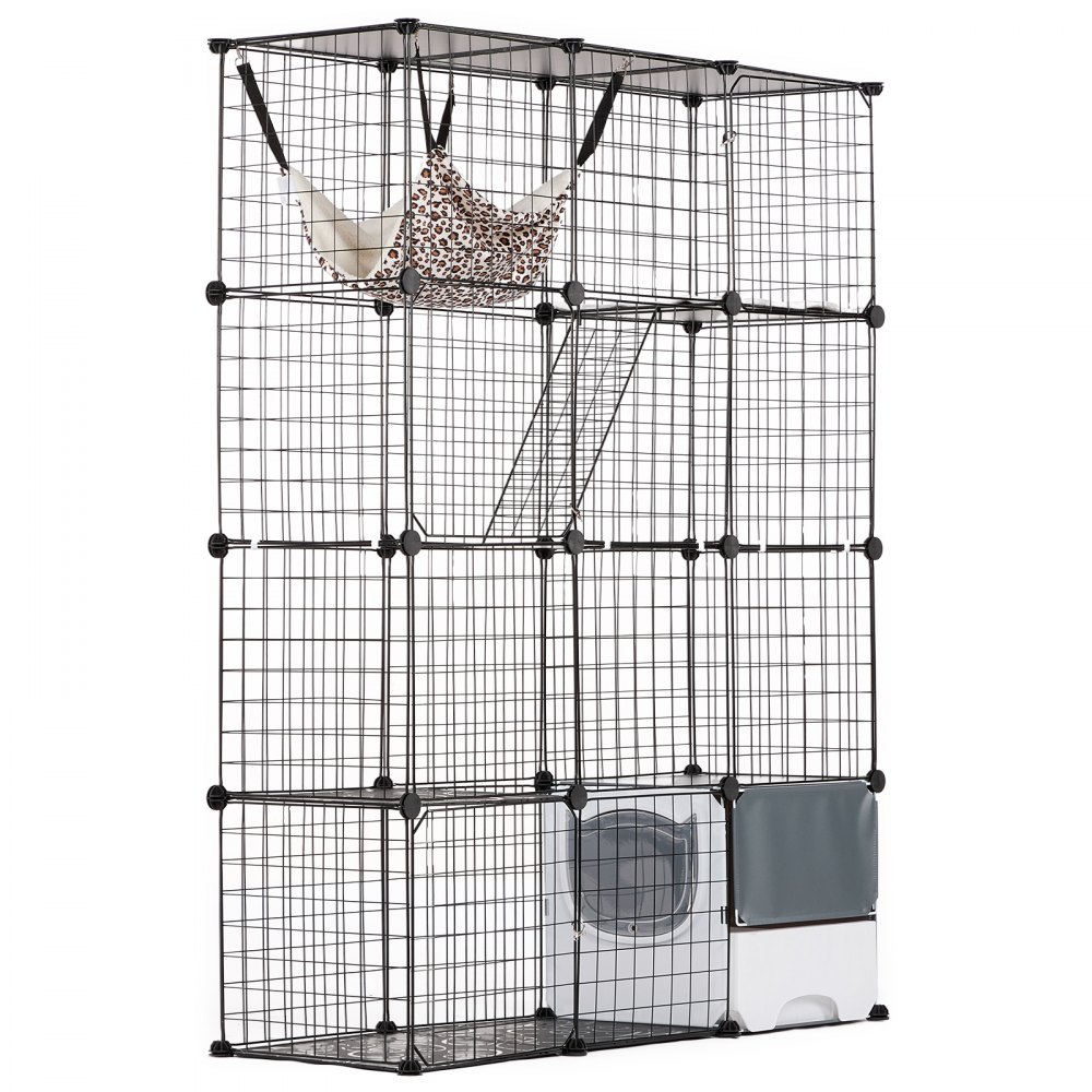VEVOR Jaula Grande para Gatos de 4 Niveles 1041 x 360 x 1397 mm, Recinto de Alambre de Metal Desmontable con Caja de Arena, Hamaca, Rampa y Escaleras para Gatos y Otros Animales Pequeños, Negro