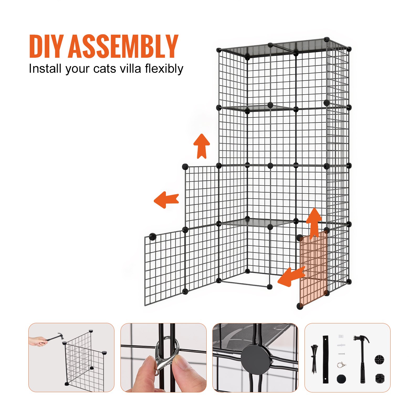 VEVOR Jaula Grande para Gatos de 4 Niveles 1041 x 360 x 1397 mm, Recinto de Alambre de Metal Desmontable con Caja de Arena, Hamaca, Rampa y Escaleras para Gatos y Otros Animales Pequeños, Negro