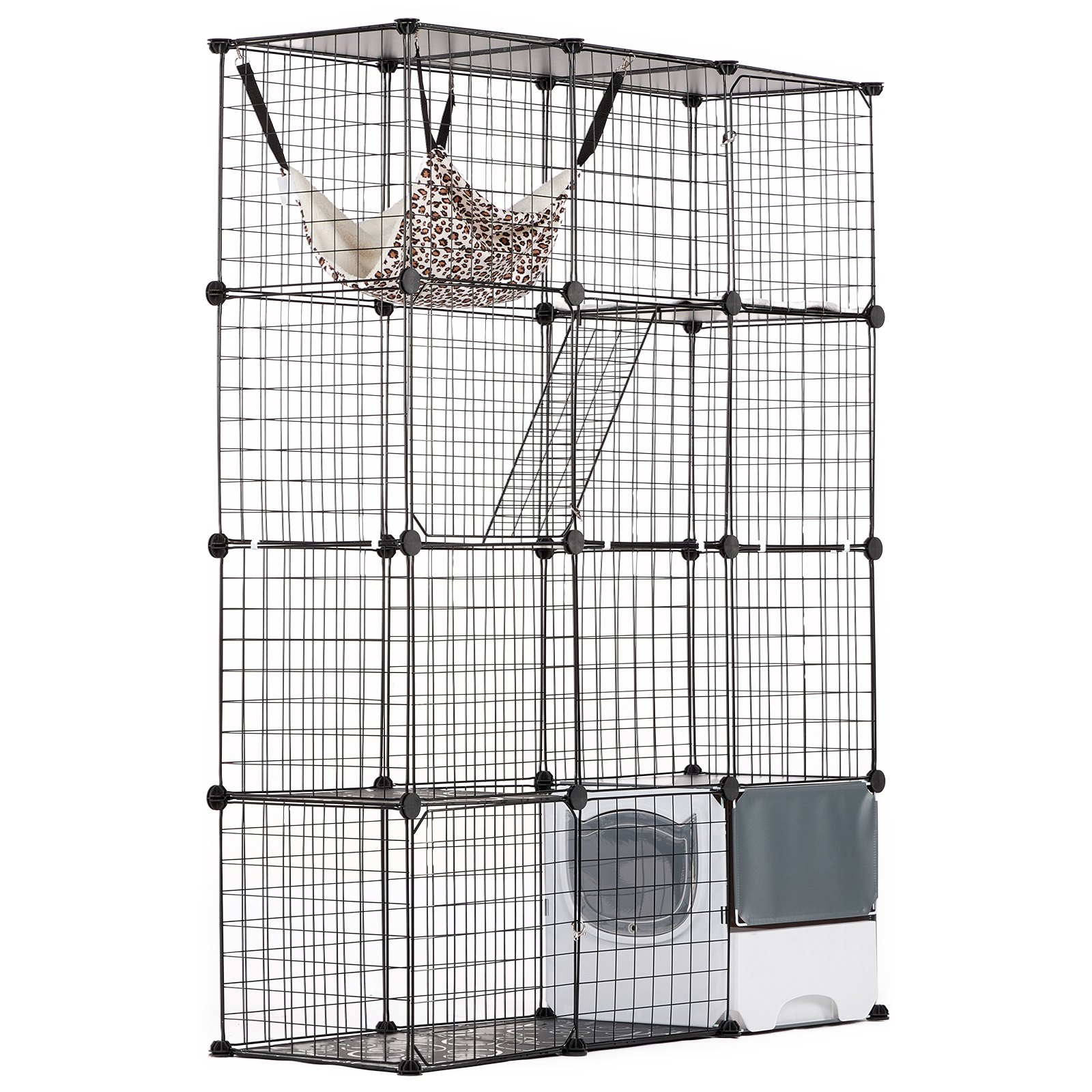 VEVOR Jaula Grande para Gatos de 4 Niveles 1041 x 360 x 1397 mm, Recinto de Alambre de Metal Desmontable con Caja de Arena, Hamaca, Rampa y Escaleras para Gatos y Otros Animales Pequeños, Negro