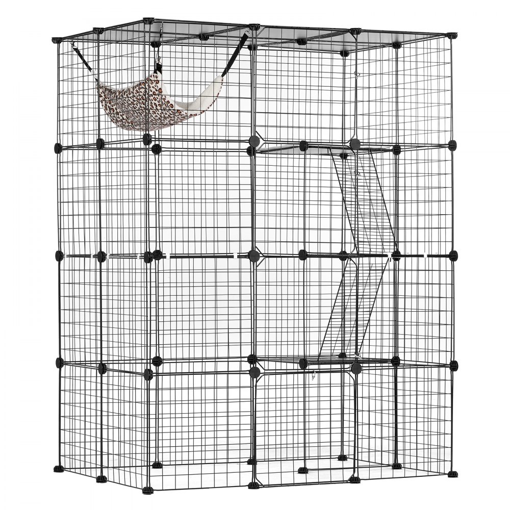 VEVOR Jaula Grande para Gatos de 4 Niveles 1041 x 711 x 1397 mm, Recinto de Alambre de Metal Desmontable con 4 Puertas Delanteras, Rampas para Hamacas para Gatos y Otros Animales Pequeños, Negro