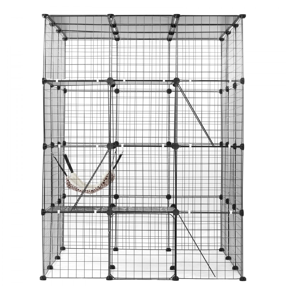 VEVOR Jaula Grande para Gatos de 4 Niveles 1041 x 1041 x 1397 mm, Recinto de Alambre de Metal Desmontable con 4 Puertas Delanteras, Rampas para Hamacas para Gatos y Otros Animales Pequeños, Negro
