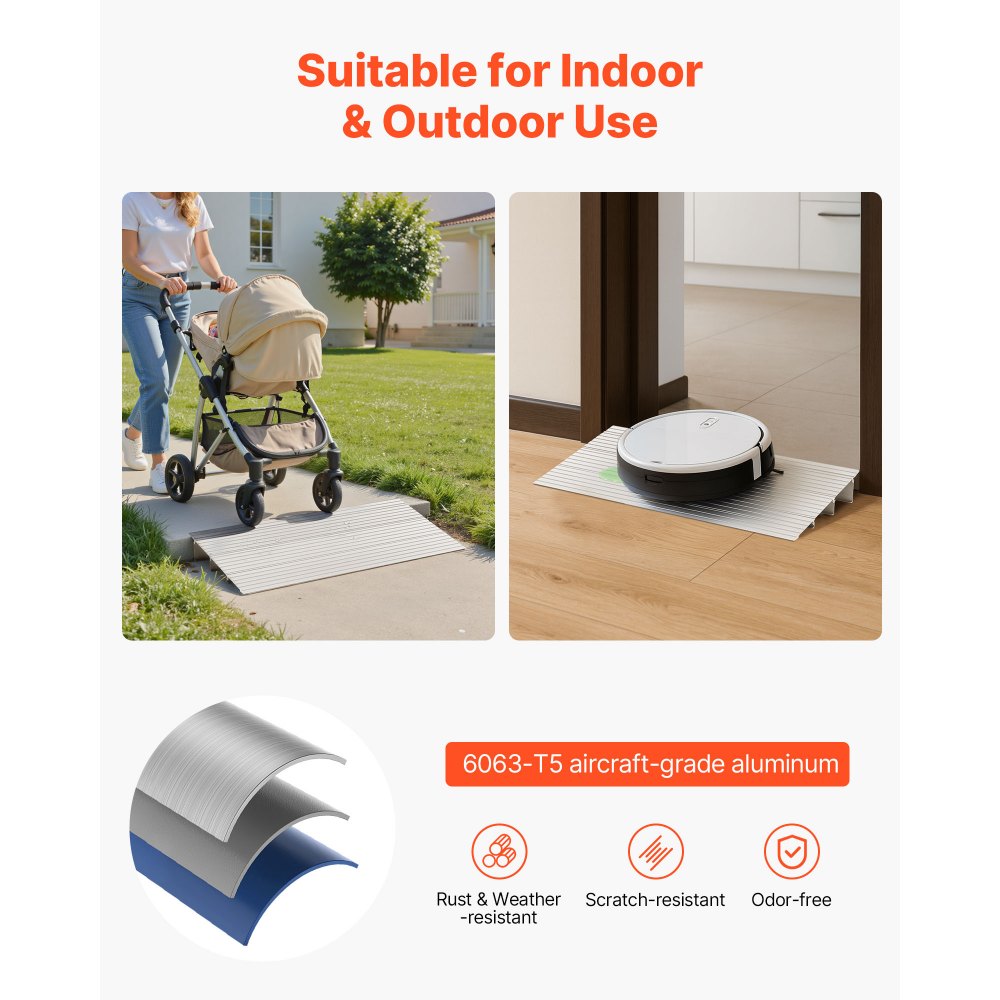 VEVOR Rampa de Umbral Elevación de 7,6 cm, Rampa de Aleación de Aluminio para Bordillos Entrada, Capacidad de Carga de 363 kg, para Sillas de Ruedas, Scooters, Sillas Eléctricas, Escaleras de Casa