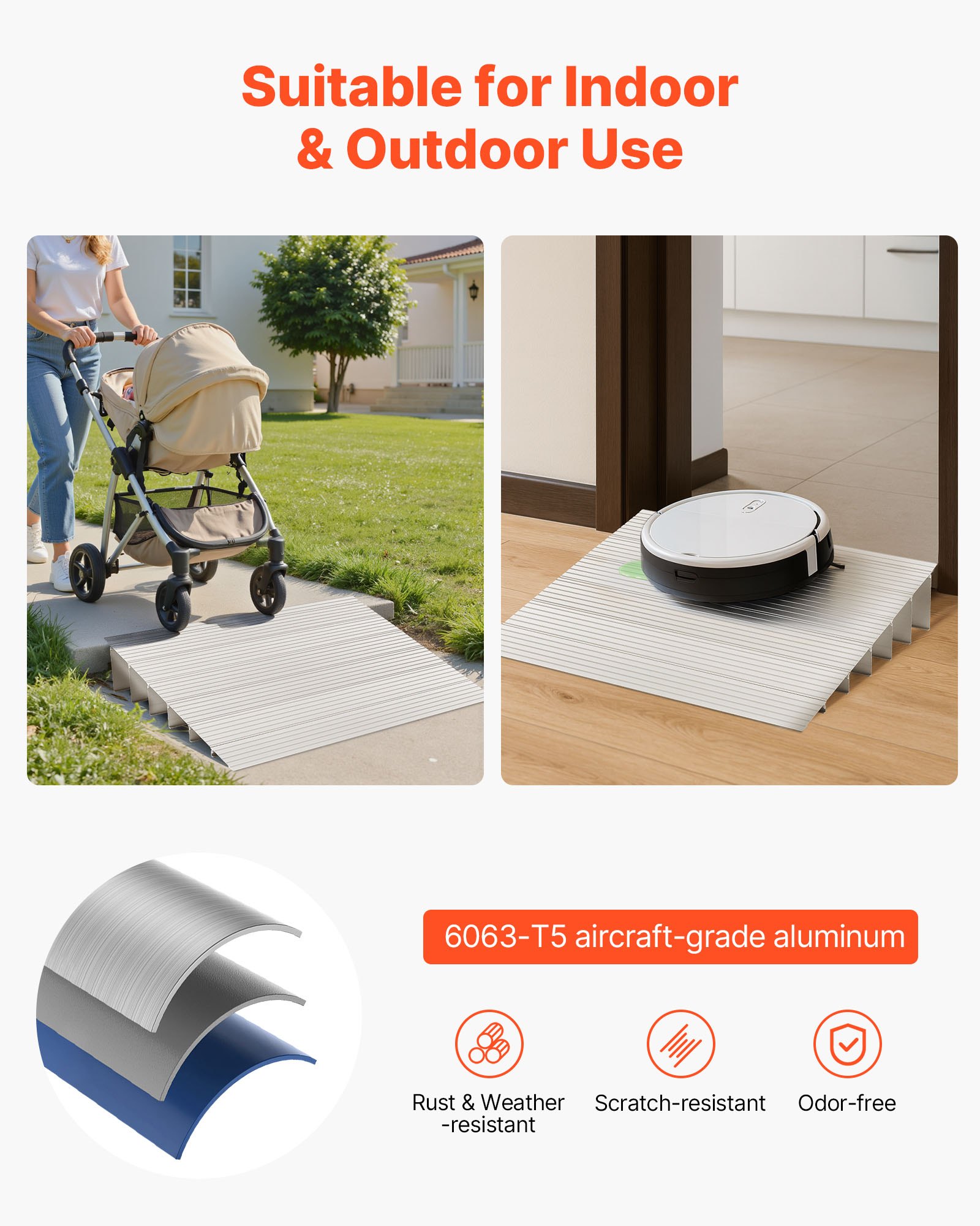 VEVOR Rampa de Umbral Altura de 15,5 cm, Rampa de Aleación de Aluminio para Bordillos Entrada, Capacidad de Carga de 362,8 kg, para Sillas de Ruedas, Scooters, Sillas Eléctricas, Escaleras de Casa