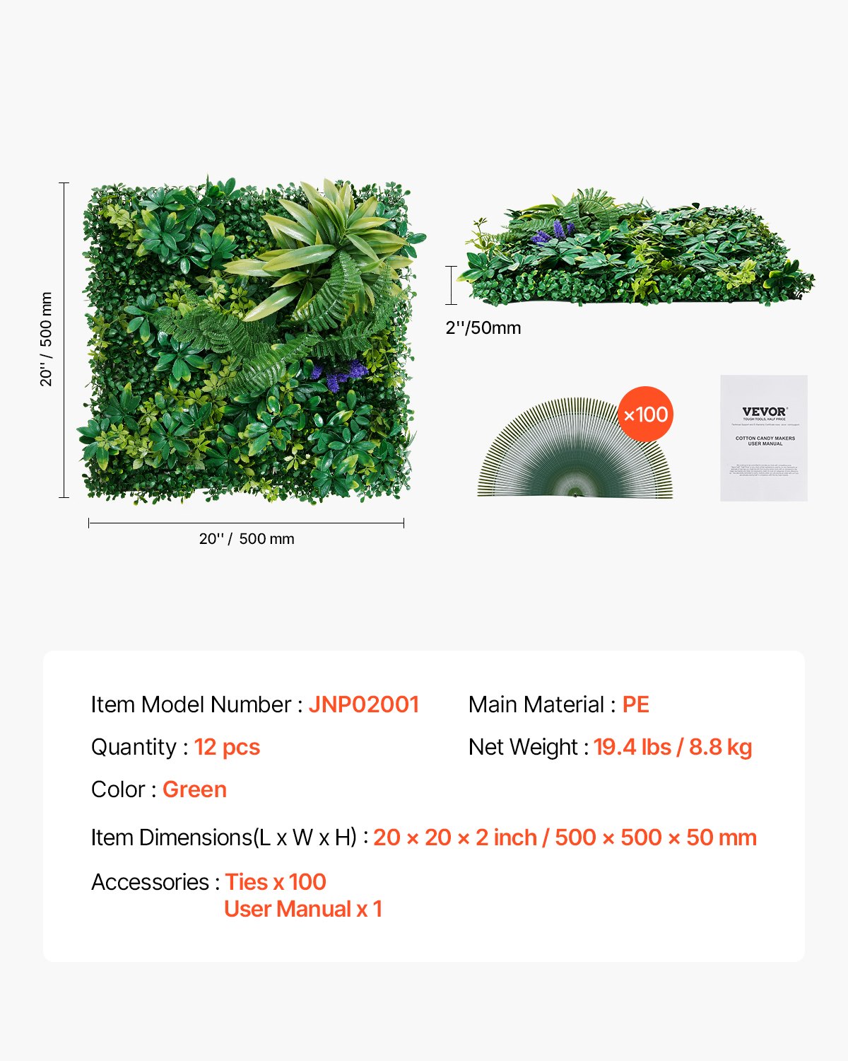 VEVOR Paneles de Césped Artificial para Pared 12 Piezas 50x50 cm Césped Verde con Combinación 3D para Decoración Verde Interior y Exterior Cobertura de Valla de Hiedra para Jardín, Patio, Terraza