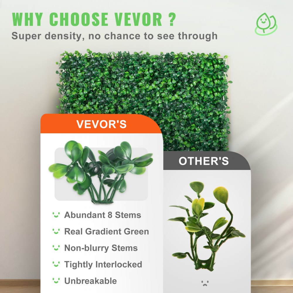 VEVOR 12 paneles artificiales de boj de 10.0 x 10.0 in, tapete de pared de seto de boj, pared de fondo de césped artificial, pantalla de cobertura de privacidad con protección UV para valla de jardín interior y exterior