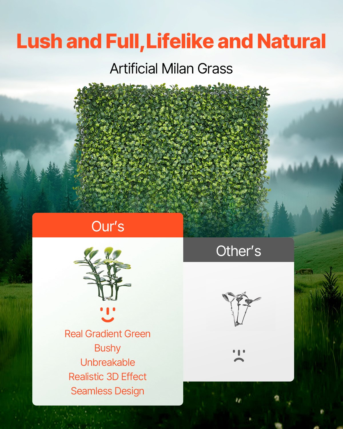 VEVOR Artificial Hedge, 3000x1000x45mm, Artificial Plant Wall, Boxwood Panel for Indoor & Outdoor Decoration & Ivy Fence Covering, Privacy Screen Backdrop, Hedge Screen for the Garden