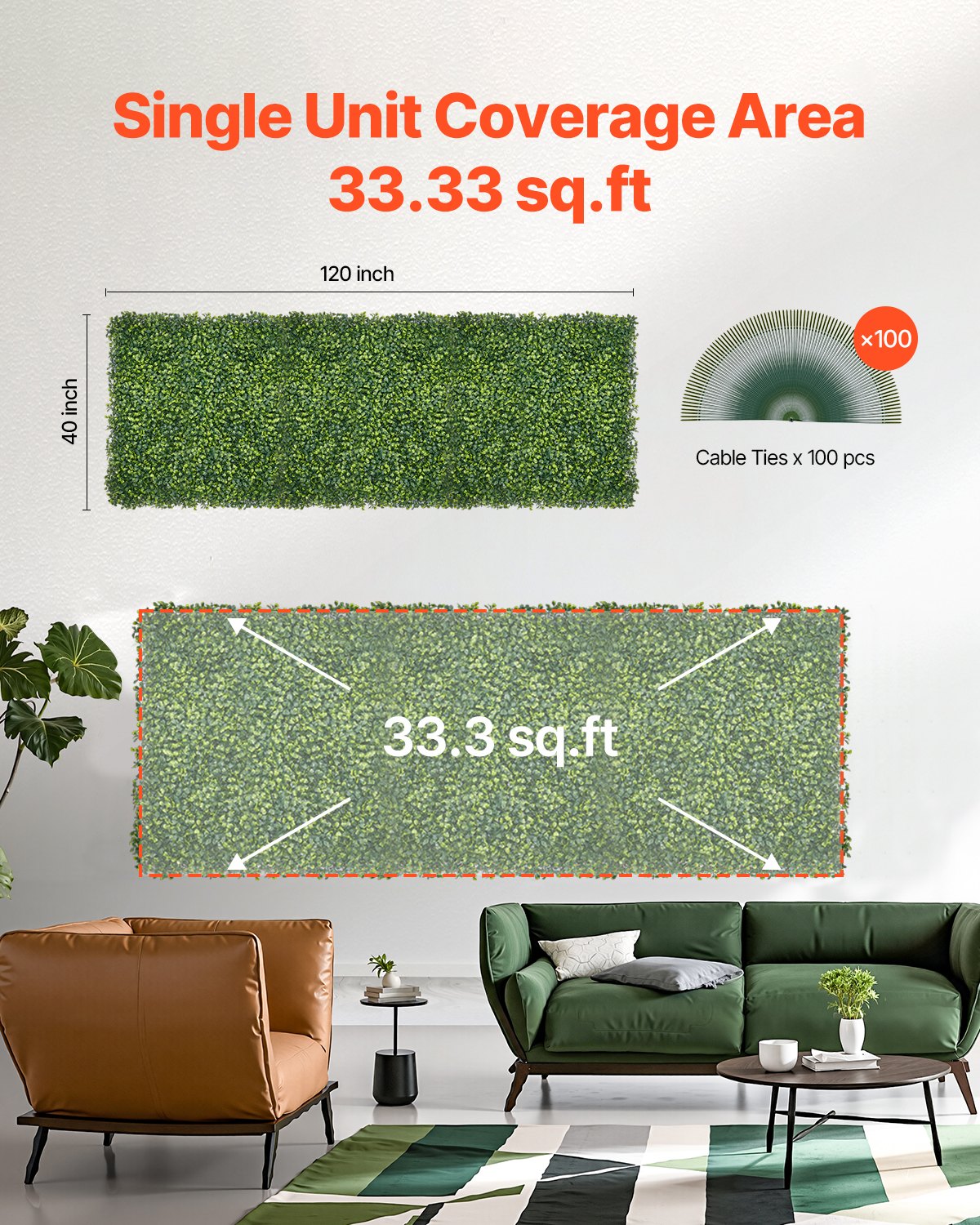 VEVOR Paneles de Césped Artificial para Pared 300x100 cm Césped Verde de Milán para Decoración Interior y Exterior 4800 Puntadas Cobertura de Valla de Hiedra Pantalla de Pared para Jardín, Patio